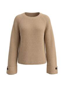 SHEIN LUNE Ribbed Knit Crew Neck Raglan Long Sleeve Folded Button Cuff Loose Short Pullover Sweater For Women, Minimalist Boho Casual Brunch Khaki Fall - Camel - View 8
