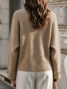 SHEIN LUNE Ribbed Knit Crew Neck Raglan Long Sleeve Folded Button Cuff Loose Short Pullover Sweater For Women, Minimalist Boho Casual Brunch Khaki Fall - Camel - View 2