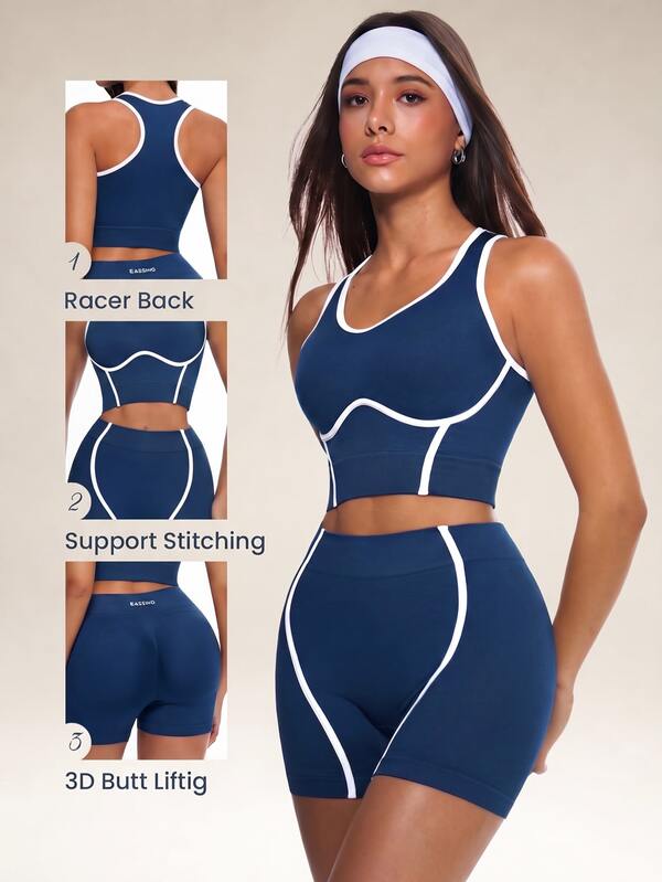 Eassivo Eassivo Women's Seamless High Elasticity Contrast Color Aerobic Yoga Fitness Sportswear Set