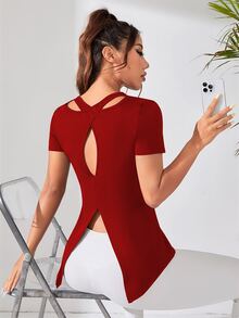 Eassivo Eassivo 女士休闲运动纯色圆领短袖T恤 - 紅色 - 查看 5
