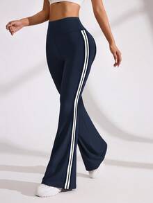 Eassivo Eassivo Pantalones deportivos de cintura alta de campana con rayas de contraste de color - Azul Marino - Ver 5