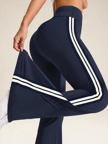 Eassivo Eassivo Pantalones deportivos de cintura alta de campana con rayas de contraste de color - Azul Marino - Ver 2