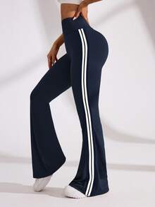 Eassivo Eassivo Pantalones deportivos de cintura alta de campana con rayas de contraste de color - Azul Marino - Ver 6