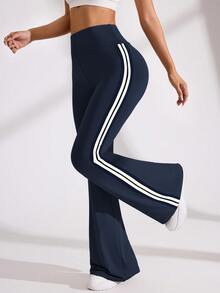 Eassivo Eassivo Pantalones deportivos de cintura alta de campana con rayas de contraste de color - Azul Marino - Ver 8