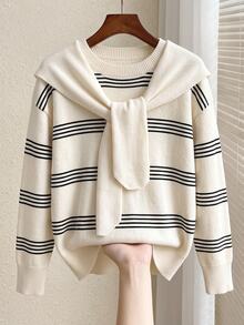 GlowEve CURVE Plus White Pattern Drop Shoulder Sweater With Shawl Autumn Graduation Vacation Casual Elegant - Multicolor - View 1
