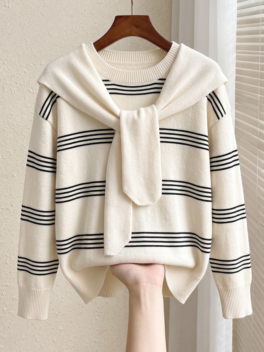GlowEve CURVE Plus White Pattern Drop Shoulder Sweater With Shawl Autumn Graduation Vacation Casual Elegant - Multicolor - View 1