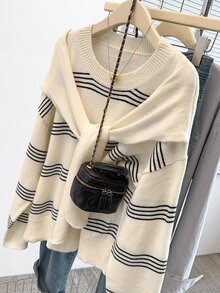 GlowEve CURVE Plus White Pattern Drop Shoulder Sweater With Shawl Autumn Graduation Vacation Casual Elegant - Multicolor - View 8