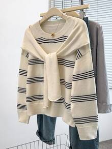 GlowEve CURVE Plus White Pattern Drop Shoulder Sweater With Shawl Autumn Graduation Vacation Casual Elegant - Multicolor - View 5