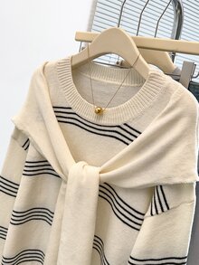 GlowEve CURVE Plus White Pattern Drop Shoulder Sweater With Shawl Autumn Graduation Vacation Casual Elegant - Multicolor - View 6
