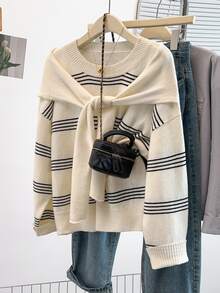 GlowEve CURVE Plus White Pattern Drop Shoulder Sweater With Shawl Autumn Graduation Vacation Casual Elegant - Multicolor - View 4