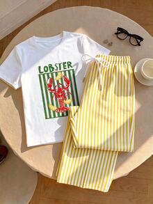Comfortcana 2pcs/Set Embroidered Round Neck Short Sleeve Top And Striped Print Pants, Casual Everyday House Home White Pastel Yellow Summer - Multicolor - View 3