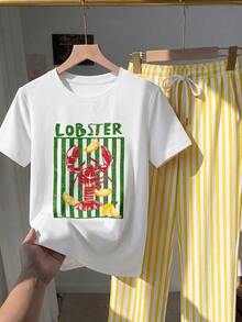 Comfortcana 2pcs/Set Embroidered Round Neck Short Sleeve Top And Striped Print Pants, Casual Everyday House Home White Pastel Yellow Summer - Multicolor - View 4