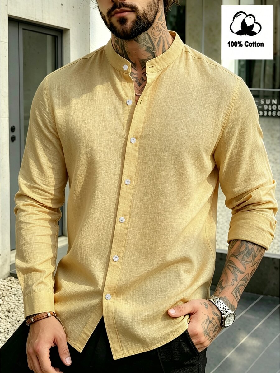 Manfinity Homme Men's Minimalist Versatile Single-Breasted Long Sleeve Shirt For Office And Commute - Yellow - View 1