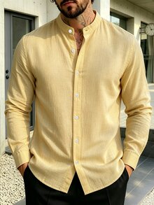 Manfinity Homme Men's Minimalist Versatile Single-Breasted Long Sleeve Shirt For Office And Commute - Yellow - View 5