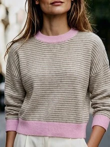 valorelle valorelle 女款秋冬條紋圓領粉色多彩羅紋領口袖口下擺落肩寬鬆短版休閒套頭毛衣 - 彩色 - 查看 3