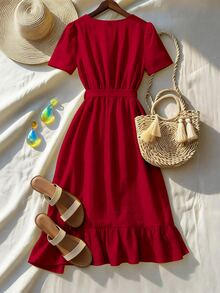 Louniche Standard Size Women's Ruffle V-Neck Fitted Vacation Elegant Mid-Length Dress - Red - View 2