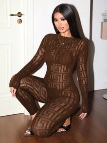 BamGleam 時尚性感女款網紗緊身連身褲 - 棕色 - 查看 6