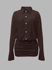 Coastalzia 2025 Women's Fashionable Solid Color Front Button Mini Dress - Coffee Brown - View 7