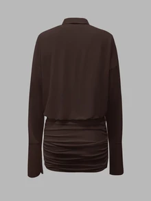 Coastalzia 2025 Women's Fashionable Solid Color Front Button Mini Dress - Coffee Brown - View 3