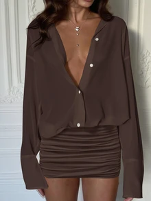 Coastalzia 2025 Women's Fashionable Solid Color Front Button Mini Dress - Coffee Brown - View 4