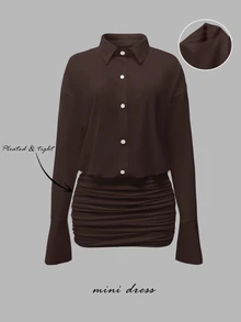 Coastalzia 2025 Women's Fashionable Solid Color Front Button Mini Dress - Coffee Brown - View 5