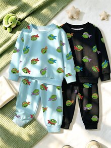 TEENAGE MUTANT NINJA TURTLES | SHEIN 男嬰卡通印花 2 件套 4 入組，圓領長袖衛衣與收口長褲 T-Set，春秋休閒套裝 - 彩色 - 查看 1