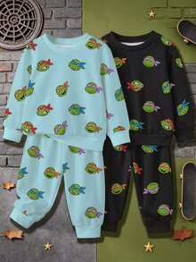 TEENAGE MUTANT NINJA TURTLES | SHEIN 男嬰卡通印花 2 件套 4 入組，圓領長袖衛衣與收口長褲 T-Set，春秋休閒套裝 - 彩色 - 查看 3