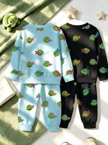 TEENAGE MUTANT NINJA TURTLES | SHEIN 男嬰卡通印花 2 件套 4 入組，圓領長袖衛衣與收口長褲 T-Set，春秋休閒套裝 - 彩色 - 查看 2