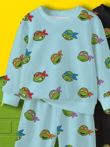 TEENAGE MUTANT NINJA TURTLES | SHEIN 男嬰卡通印花 2 件套 4 入組，圓領長袖衛衣與收口長褲 T-Set，春秋休閒套裝 - 彩色 - 查看 4