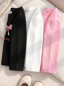SHEIN Vintaside Kids 3件裝女嬰休閒可愛蝴蝶結字母針織圓領長袖套頭T恤 粉色與白色 秋冬上學基本款櫻桃蝴蝶結裝飾上衣 - 彩色 - 查看 5