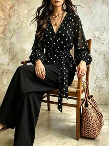 GlowEve CURVE Setelan Kasual 2 Potong Wanita Ukuran Besar Motif Polkadot Lengan Lentera dan Celana Panjang Lebar untuk Musim Gugur - Hitam - View 1