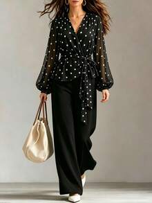 GlowEve CURVE Setelan Kasual 2 Potong Wanita Ukuran Besar Motif Polkadot Lengan Lentera dan Celana Panjang Lebar untuk Musim Gugur - Hitam - View 3