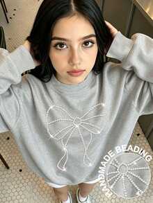 Tween Girls Fall Handmade Beaded Bow Graphic Sweatshirt, Faux Pearl Drop Shoulder Crew Neck Pullover, Sweet Coquette Top - Pink - View 6