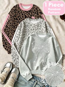 Tween Girls Fall Handmade Beaded Bow Graphic Sweatshirt, Faux Pearl Drop Shoulder Crew Neck Pullover, Sweet Coquette Top - Pink - View 2