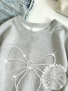 Tween Girls Fall Handmade Beaded Bow Graphic Sweatshirt, Faux Pearl Drop Shoulder Crew Neck Pullover, Sweet Coquette Top - Pink - View 7