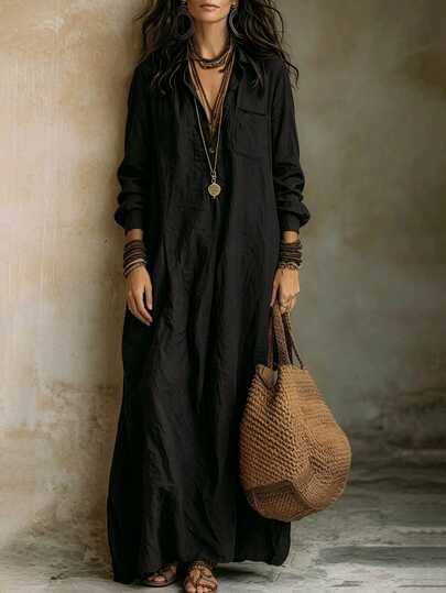 Breezaya Women's Vintage Brown Linen Shirt Dress, Collar HalfButton LongSleeve Loose Maxi Vacation Dress