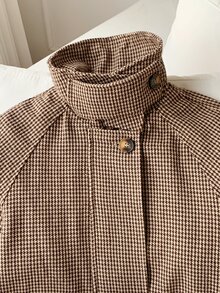 Comfortcana 女款秋冬新款休閒優雅復古棕色與白色波點千鳥格圖案高領短款大衣，適合外出與辦公室穿著 - 棕色 - 查看 5