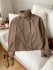 Comfortcana 女款秋冬新款休閒優雅復古棕色與白色波點千鳥格圖案高領短款大衣，適合外出與辦公室穿著 - 棕色 - 查看 4