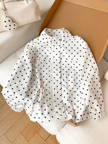 Comfortcana جاكيت كاجوال نسائي بطبعة نقاط بولكا وأكمام طويلة وأكتاف منسدلة - أبيض - مشاهدة 1