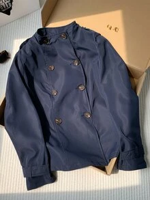 Comfortcana Women's Solid Color Button Decor Long Sleeve Trench Coat, Autumn,Fall,Winter - Navy Blue - View 6