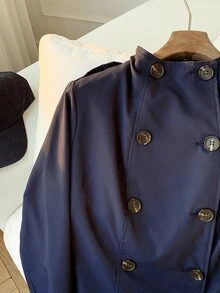 Comfortcana Women's Solid Color Button Decor Long Sleeve Trench Coat, Autumn,Fall,Winter - Navy Blue - View 5