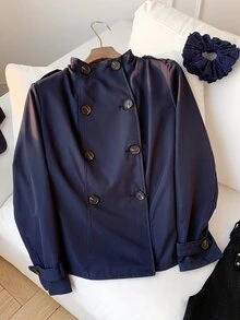 Comfortcana Women's Solid Color Button Decor Long Sleeve Trench Coat, Autumn,Fall,Winter - Navy Blue - View 8