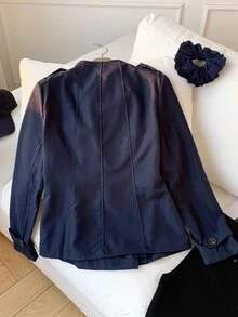 Comfortcana Women's Solid Color Button Decor Long Sleeve Trench Coat, Autumn,Fall,Winter - Navy Blue - View 2