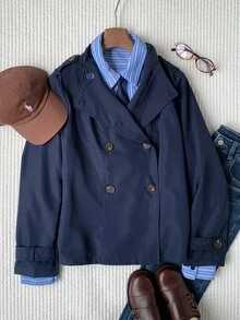 Comfortcana Women's Solid Color Button Decor Long Sleeve Trench Coat, Autumn,Fall,Winter - Navy Blue - View 3
