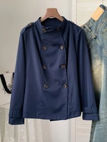 Comfortcana Women's Solid Color Button Decor Long Sleeve Trench Coat, Autumn,Fall,Winter - Navy Blue - View 4