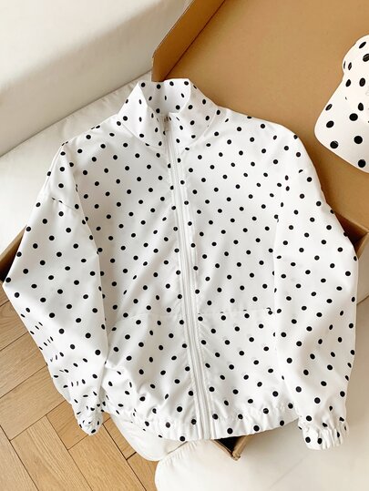 Comfortcana เสื้อแจ็คเก็ตแขนยาวทอหลวมพิมพ์ลายจุดพื้นขาวมีซิปสำหรับผู้หญิง