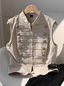 Comfortcana 淺卡其色修身拉鍊前開拿破崙/軍裝背心女款，夏季，外出，鄉村音樂會 - 卡其色 - 查看 7
