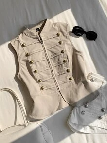Comfortcana 淺卡其色修身拉鍊前開拿破崙/軍裝背心女款，夏季，外出，鄉村音樂會 - 卡其色 - 查看 8