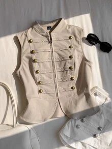 Comfortcana 淺卡其色修身拉鍊前開拿破崙/軍裝背心女款，夏季，外出，鄉村音樂會 - 卡其色 - 查看 2