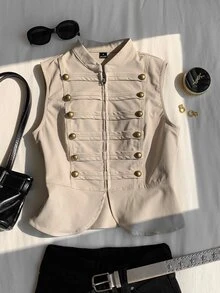 Comfortcana 淺卡其色修身拉鍊前開拿破崙/軍裝背心女款，夏季，外出，鄉村音樂會 - 卡其色 - 查看 5